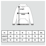 Measurement chart for a hoodie with dimensions labeled and size chart below.