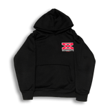 Black hoodie with a red and white logo on the chest against a white background