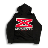 Black hoodie with a red and white logo on the back against a white background